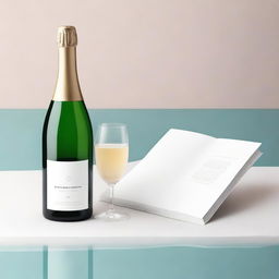 Create a minimalistic book cover featuring a serene pool with a bottle of champagne placed beside it