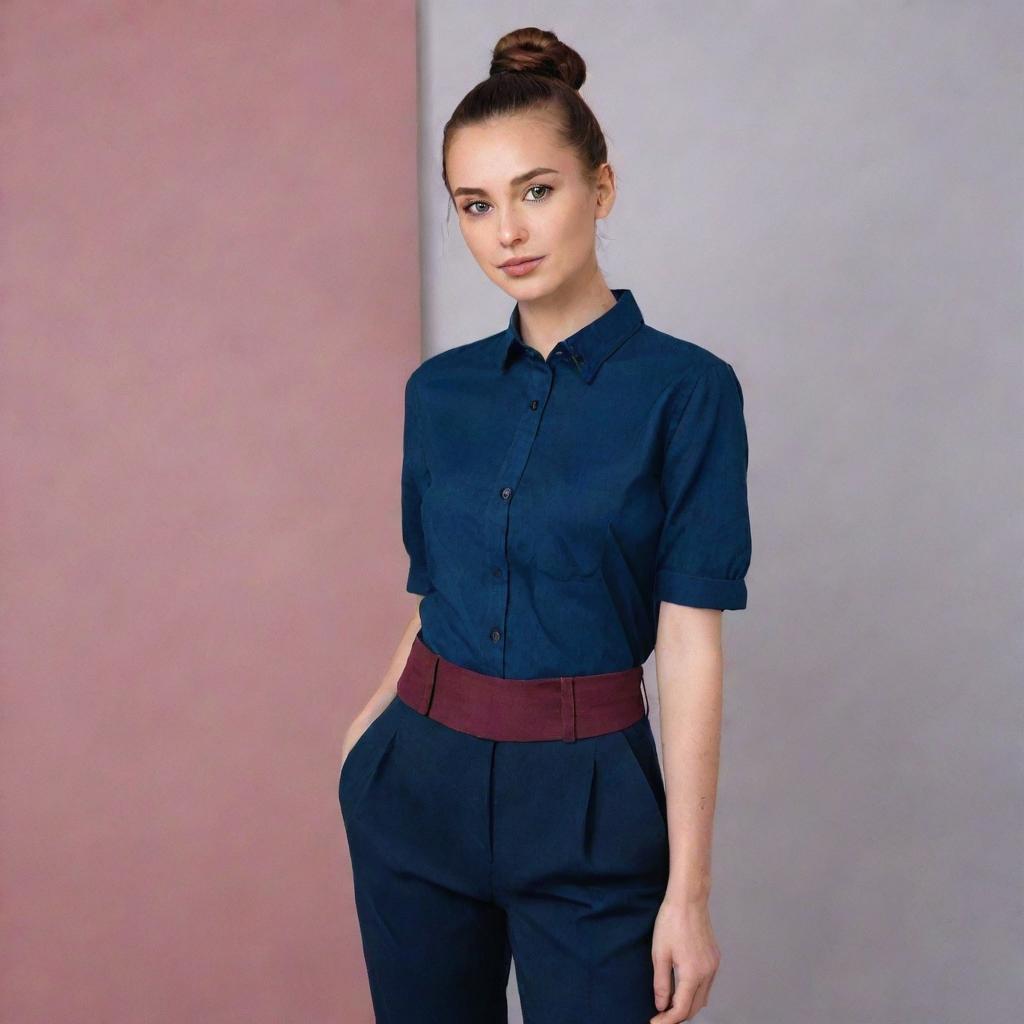 A girl with pink skin and brown hair styled in a bun, wearing a dark blue shirt and dark red pants.