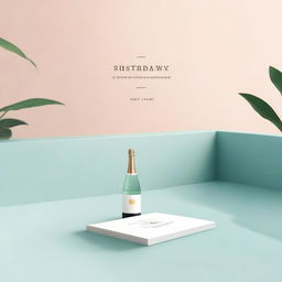 Create a minimalistic book cover featuring a serene pool with a bottle of champagne placed beside it