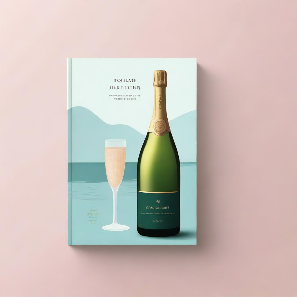 Create a minimalistic book cover featuring a serene pool with a bottle of champagne placed beside it