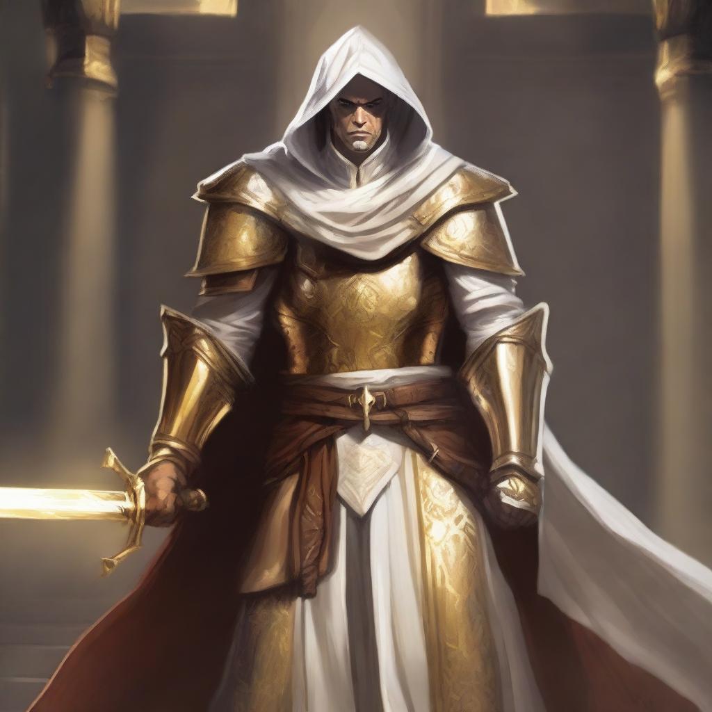 A paladin leonin inquisitor wearing a golden armor and a white hood with golden trim, wielding a thick one-handed greatsword that shines with a golden light