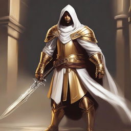 A paladin leonin inquisitor wearing a golden armor and a white hood with golden trim, wielding a thick one-handed greatsword that shines with a golden light