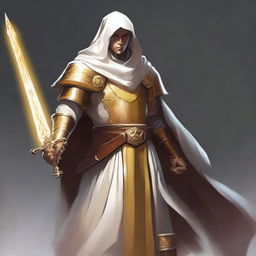 A paladin leonin inquisitor wearing a golden armor and a white hood with golden trim, wielding a thick one-handed greatsword that shines with a golden light