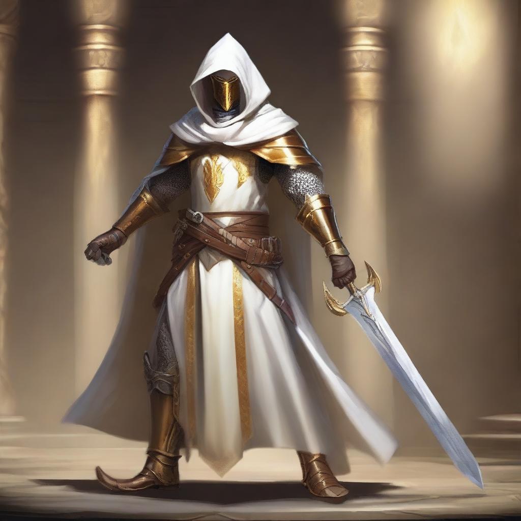 A paladin leonin inquisitor wearing a golden armor and a white hood with golden trim, wielding a thick one-handed greatsword that shines with a golden light