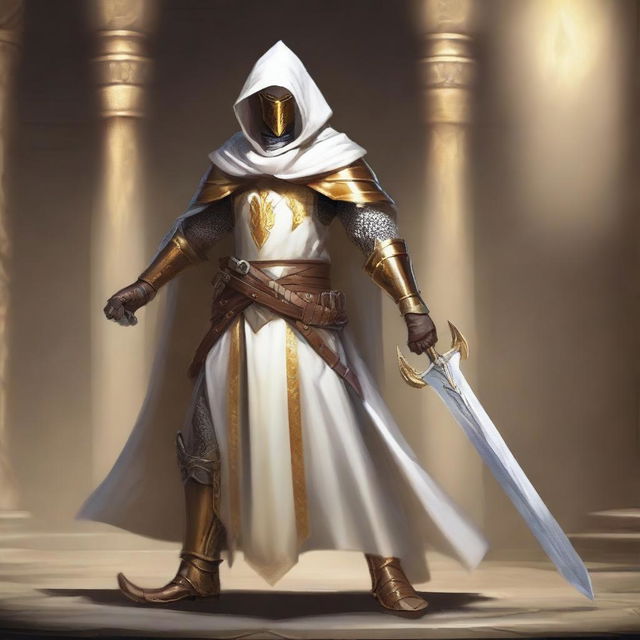 A paladin leonin inquisitor wearing a golden armor and a white hood with golden trim, wielding a thick one-handed greatsword that shines with a golden light