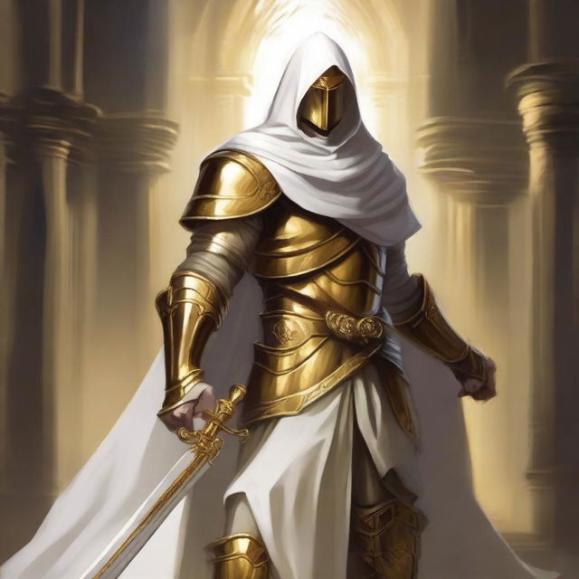 A paladin leonin inquisitor in a medieval Dungeons & Dragons setting, wearing golden armor and a white hood with golden trim