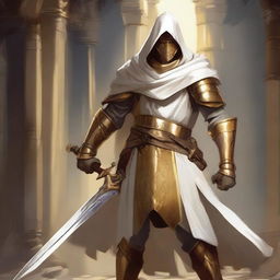 A paladin leonin inquisitor in a medieval Dungeons & Dragons setting, wearing golden armor and a white hood with golden trim