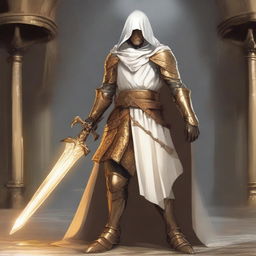 A paladin leonin inquisitor in a medieval Dungeons & Dragons setting, wearing golden armor and a white hood with golden trim