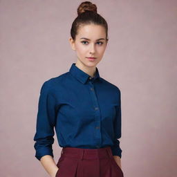 A girl with pink skin and brown hair styled in a bun, wearing a dark blue shirt and dark red pants.