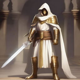 A paladin leonin inquisitor in a medieval Dungeons & Dragons setting, wearing golden armor and a white hood with golden trim