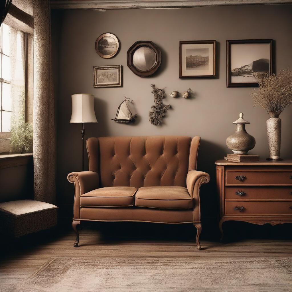 Create an image with a vintage aesthetic, featuring old-fashioned elements such as sepia tones, retro clothing, and antique furniture