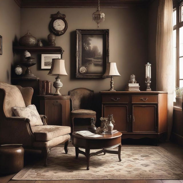 Create an image with a vintage aesthetic, featuring old-fashioned elements such as sepia tones, retro clothing, and antique furniture