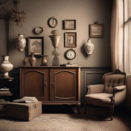 Create an image with a vintage aesthetic, featuring old-fashioned elements such as sepia tones, retro clothing, and antique furniture