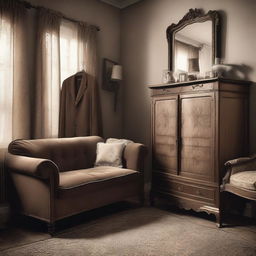 Create an image with a vintage aesthetic, featuring old-fashioned elements such as sepia tones, retro clothing, and antique furniture