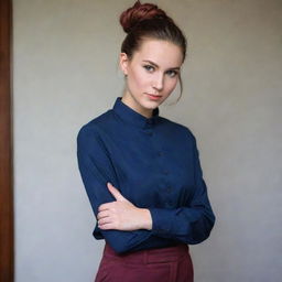 A girl with pink skin and brown hair styled in a bun, wearing a dark blue shirt and dark red pants.