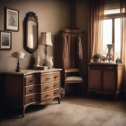 Create an image with a vintage aesthetic, featuring old-fashioned elements such as sepia tones, retro clothing, and antique furniture