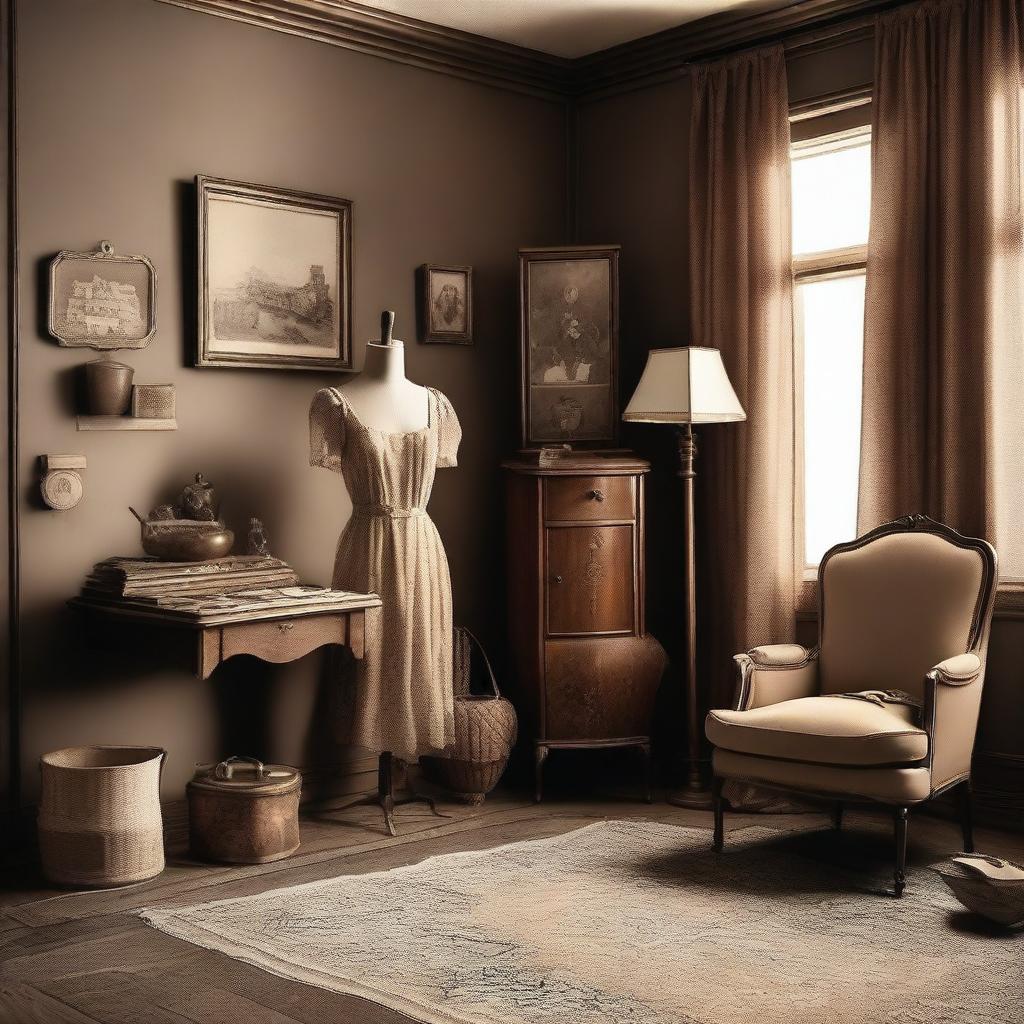 Create an image with a vintage aesthetic, featuring old-fashioned elements such as sepia tones, retro clothing, and antique furniture