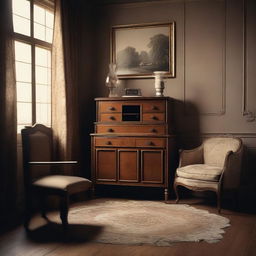 Create an image with a vintage aesthetic, featuring old-fashioned elements such as sepia tones, retro clothing, and antique furniture