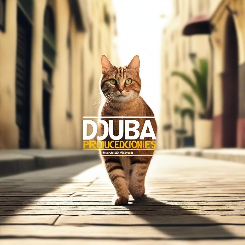 Create a cinematic slide featuring a cat walking with the text 'Dubai Producciones' appearing prominently