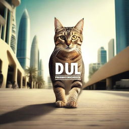 Create a cinematic slide featuring a cat walking with the text 'Dubai Producciones' appearing prominently