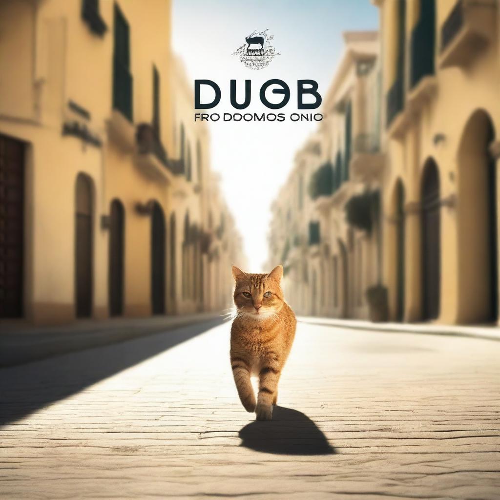 Create a cinematic slide featuring a cat walking with the text 'Dubai Producciones' appearing prominently