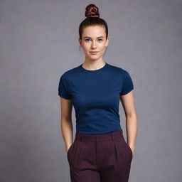 A girl with pink skin and brown hair styled in a bun, wearing a dark blue shirt and dark red pants.