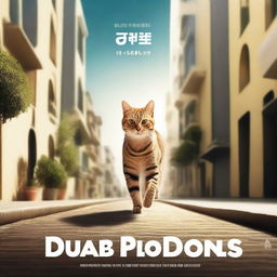 Create a cinematic slide featuring a cat walking with the text 'Dubai Producciones' appearing prominently