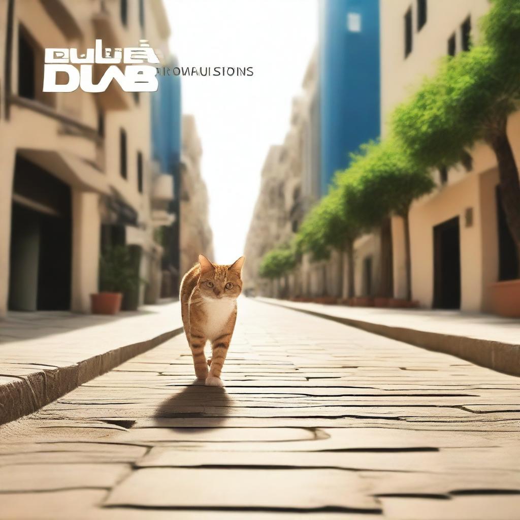 Create a cinematic slide featuring a cat walking with the text 'Dubai Producciones' appearing prominently