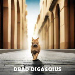 Create a cinematic slide featuring a cat walking with the text 'Dubai Producciones' appearing prominently