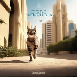 Create a cinematic slide featuring a cat walking with the text 'Dubai Producciones' appearing prominently