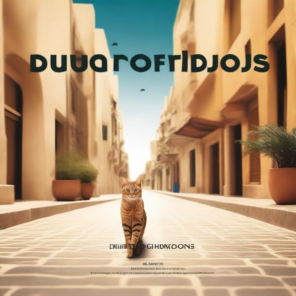 Create a dynamic, cinematic slide featuring a cat walking with the text 'Dubai Producciones' appearing prominently