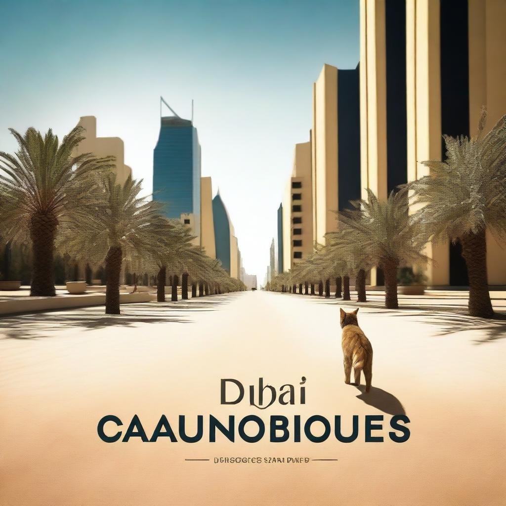 Create a dynamic, cinematic slide featuring a cat walking with the text 'Dubai Producciones' appearing prominently