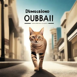 Create a dynamic, cinematic slide featuring a cat walking with the text 'Dubai Producciones' appearing prominently