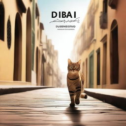 Create a dynamic, cinematic slide featuring a cat walking with the text 'Dubai Producciones' appearing prominently