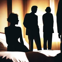 A silhouette of a woman's face sitting on a bed, surrounded by the silhouettes of two men, after a confusion in a hotel room