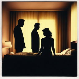 A silhouette of a woman's face sitting on a bed, surrounded by the silhouettes of two men, after a confusion in a hotel room