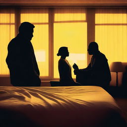 A silhouette of a woman's face sitting on a bed, surrounded by the silhouettes of two men, after a confusion in a hotel room