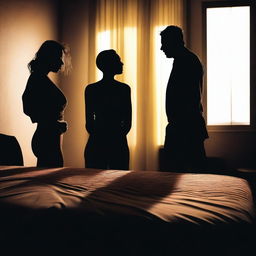 A silhouette of a woman's face sitting on a bed, surrounded by the silhouettes of two men, after a confusion in a hotel room