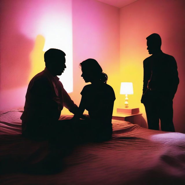 A silhouette of a woman's face sitting on a bed surrounded by the silhouettes of two men, following a misunderstanding in a hotel room