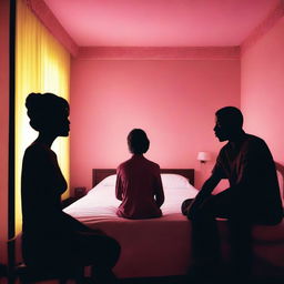 A silhouette of a woman's face sitting on a bed surrounded by the silhouettes of two men, following a misunderstanding in a hotel room