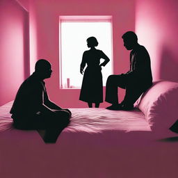 A silhouette of a woman's face sitting on a bed surrounded by the silhouettes of two men, following a misunderstanding in a hotel room