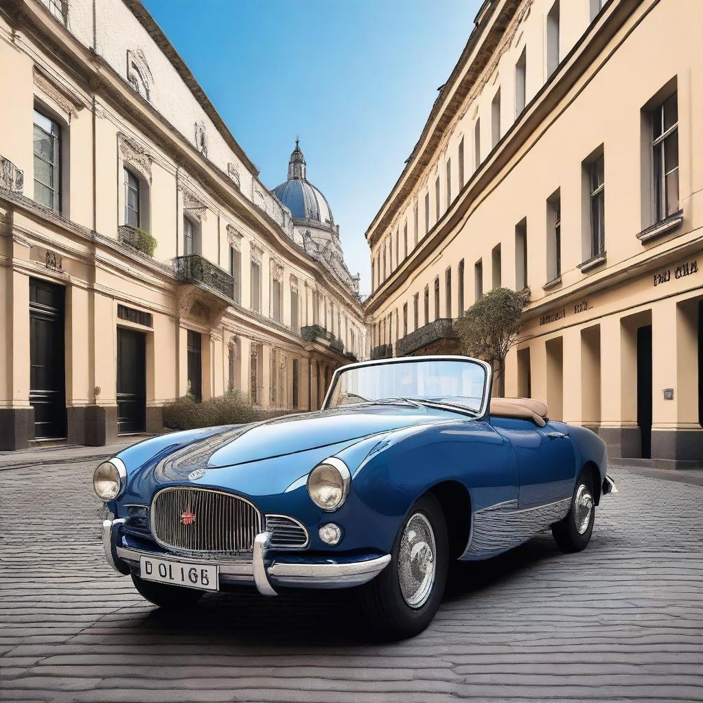 A sleek, modern vintage car with a glossy finish, blending classic design elements with contemporary features