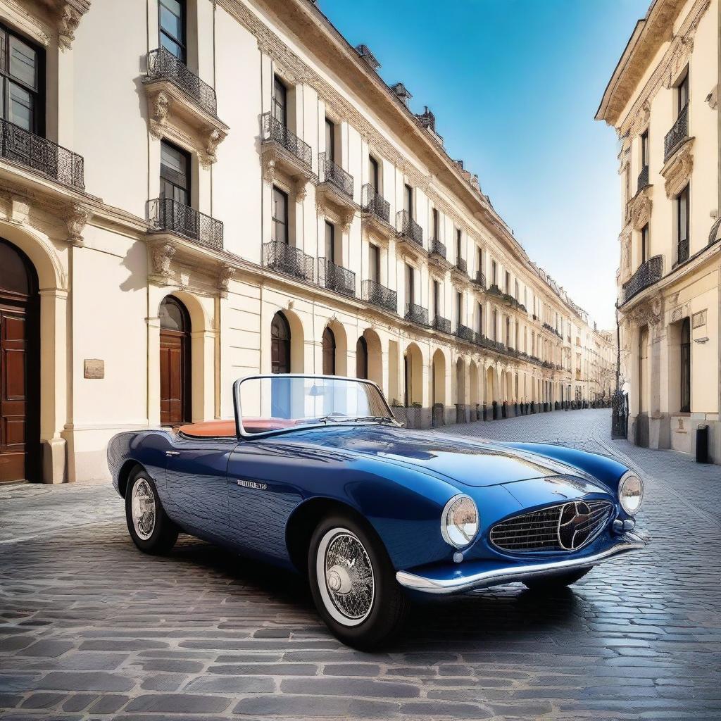 A sleek, modern vintage car with a glossy finish, blending classic design elements with contemporary features