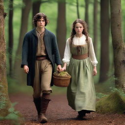 A photorealistic depiction of Jack and Jill as a young man and woman walking through the woods in the 1690s