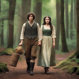 A photorealistic depiction of Jack and Jill as a young man and woman walking through the woods in the 1690s