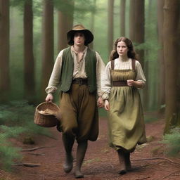 A photorealistic depiction of Jack and Jill as a young man and woman walking through the woods in the 1690s