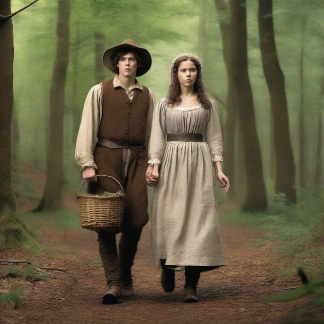 A photorealistic depiction of Jack and Jill as a young man and woman walking through the woods in the 1690s