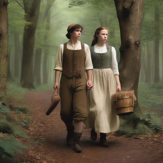 A photorealistic depiction of Jack and Jill as a young man and woman walking through the woods in the 1690s