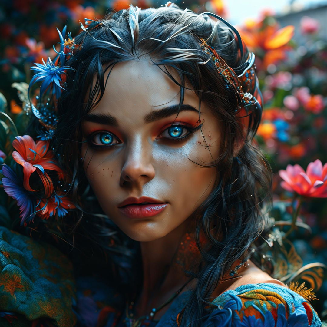 Intense close-up of a different Russian elfish woman with jet black hair and elf ears in a vibrant, flower-filled rococo Russian town on a misty morning. Her face is intricately detailed under immaculate composition and lighting.