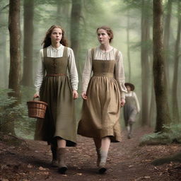 A photorealistic depiction of Jack and Jill as a young man and woman walking through the woods in the 1690s